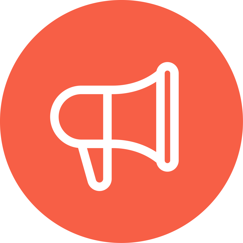 A white megaphone icon is centered on an orange-red circular background.
