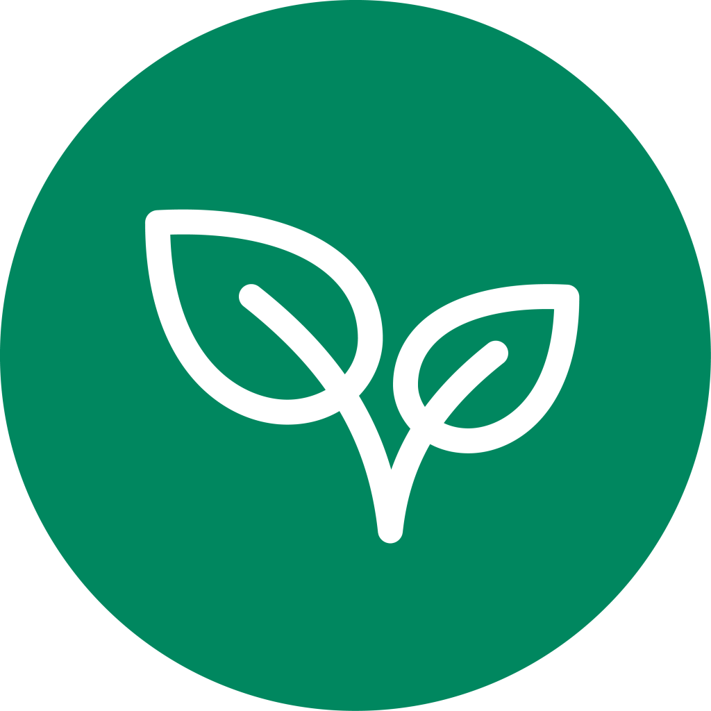 A white outline of two leaves on a green circular background, symbolizing nature or eco-friendliness.