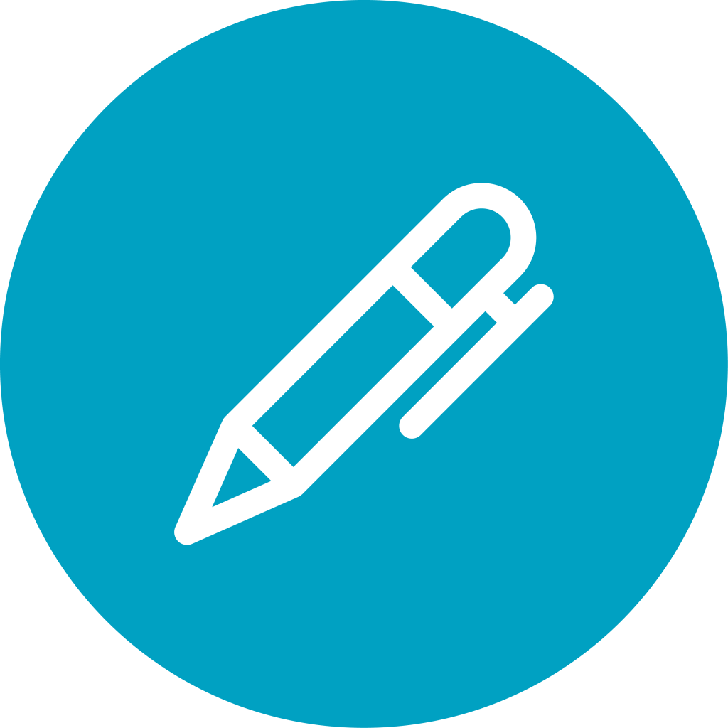 A white pencil icon inside a solid blue circle, symbolizing writing, editing, or drawing.