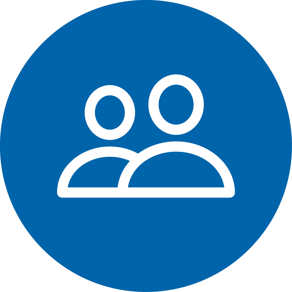 White icon of two simplified human figures, one in front and one behind, on a solid blue circular background. The design represents people or a group.